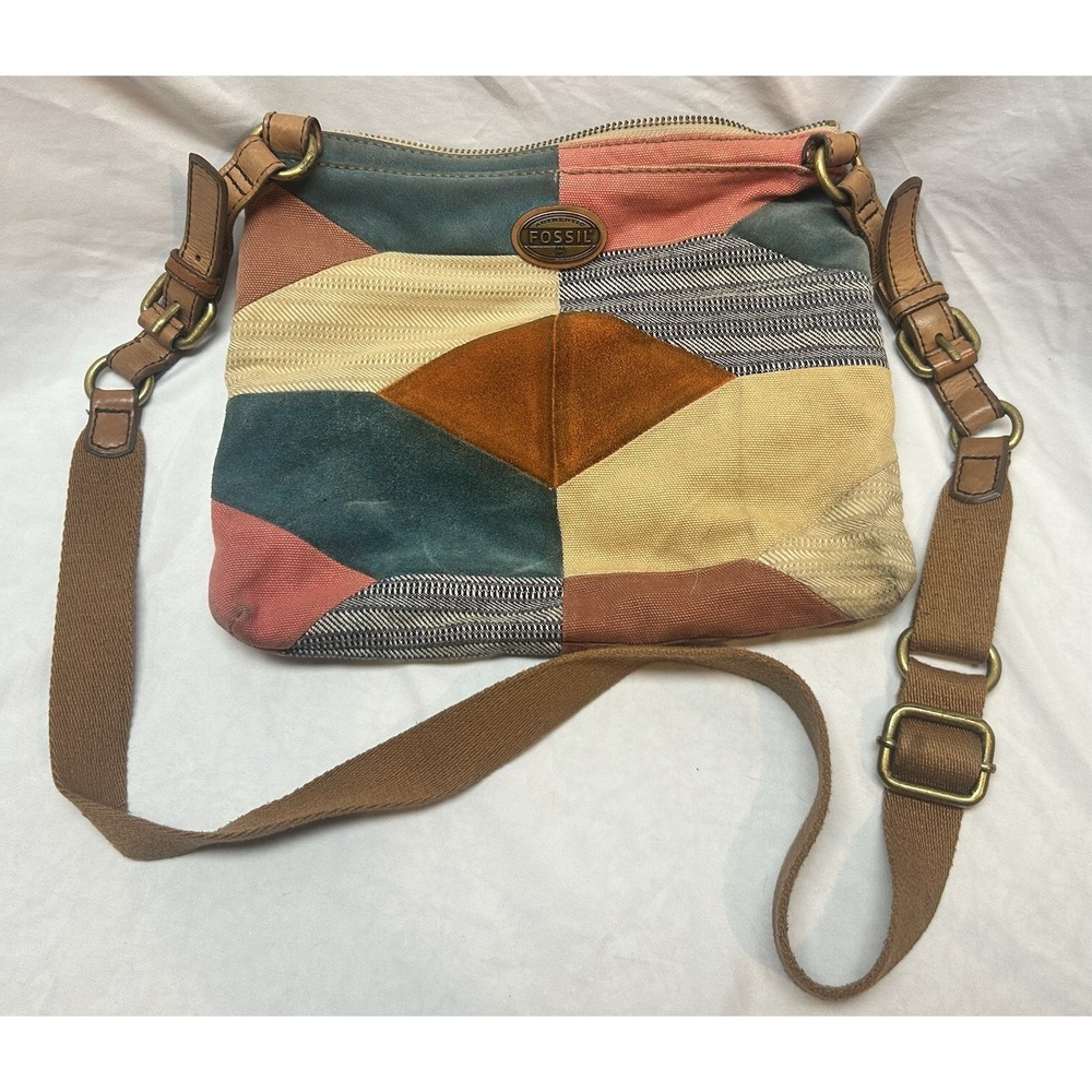 VTG Fossil Patchwork Suede Fabric Crossbody Bag Boho Hippie Indie Festival